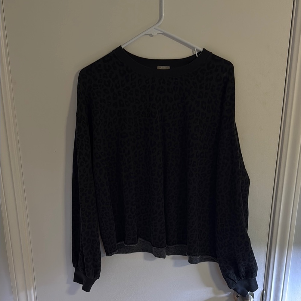 Black Puff Sleeve Relaxed Cropped Crew Neck Sweatshirt